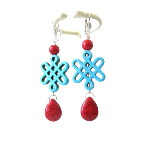 Endless Knot Turquoise Blue Red Earrings Chandelier Infinity Buffalo Stone - Picture 2 of 4